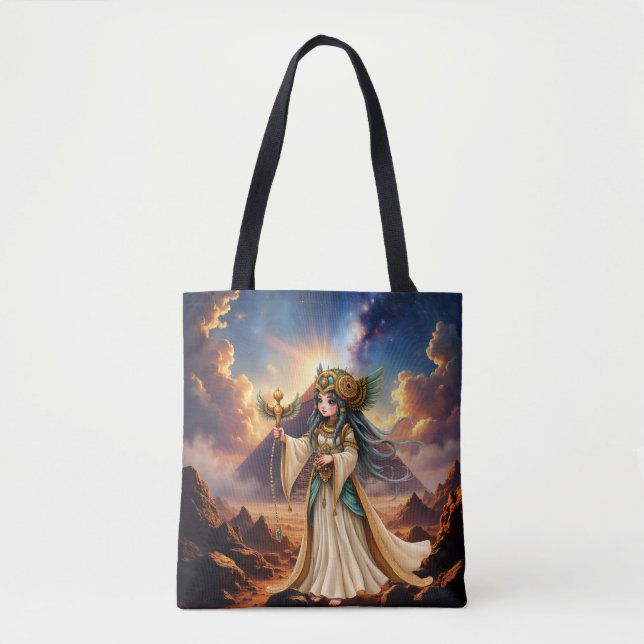 Bolsa Tote Sacerdotisa Celestial da Pirâmide Dourada. (Frente)