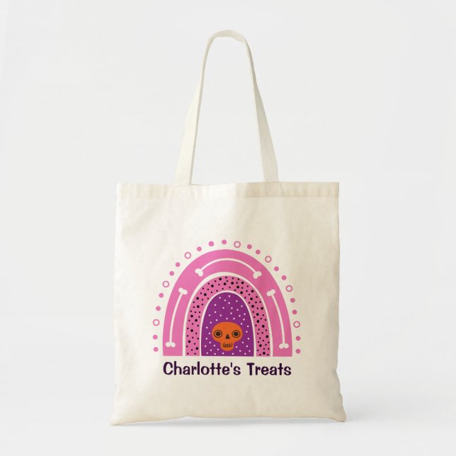 Bolsa Tote Saci Perereca Rosa Boho Arco-íris Halloween Doces  (Frente)