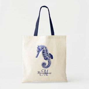 Bolsa Tote Saco azul e branco de toalha do mar