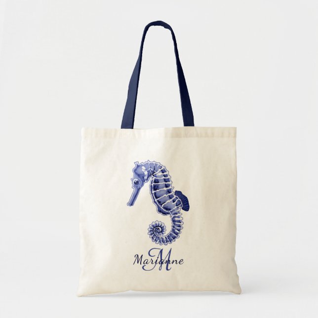 Bolsa Tote Saco azul e branco de toalha do mar (Frente)