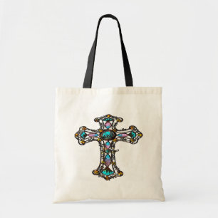 Bolsa Tote Saco azul-rosa de cruz religiosa