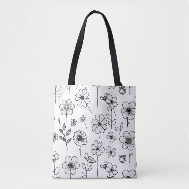 Bolsa Tote Saco Branco Elegante com Patterno Floral Delicado (Frente)