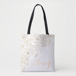 Bolsa Tote Saco branco personalizado - Floral Dourado