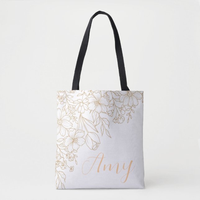 Bolsa Tote Saco branco personalizado - Floral Dourado (Frente)