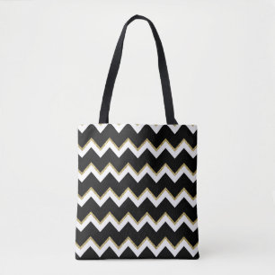 Bolsa Tote Saco Chevron preto, branco e Dourado