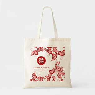 Bolsa Tote Saco chinês do casamento do pavão floral vermelh