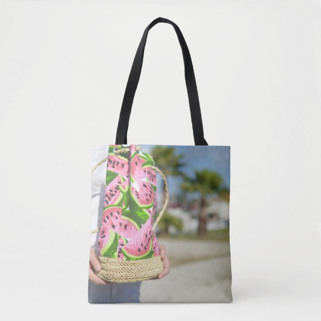 Bolsa Tote Saco com impressão de melão de água rosa e verde (Frente)