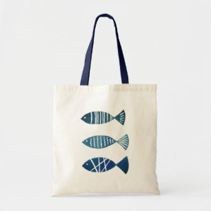 Bolsa Tote Saco Cream Tote com peixes azuis