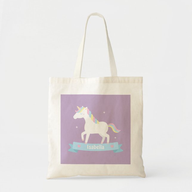 Bolsa Tote Saco Cute White Unicorn Pastel Mane Nome da Menina (Frente)