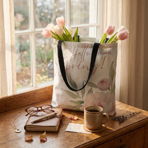 Bolsa Tote Saco de água-forte pastel floral com nome personal