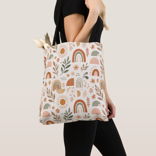 Bolsa Tote Saco de Algodão Floral Arco-Íris Boho Terroso (Close Up)