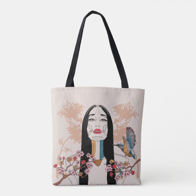 Bolsa Tote Saco de Arte em Linha da Mulher Asiática (Verso)