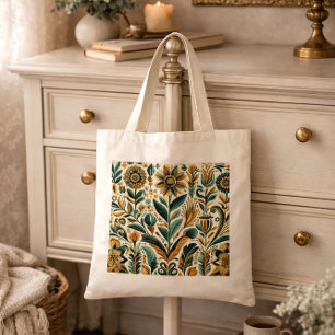 Bolsa Tote Saco de Arte Folclórica Mexicana com Tons de Joias