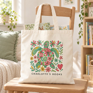 Bolsa Tote Saco de Biblioteca Floral de Tartaruga Personaliza