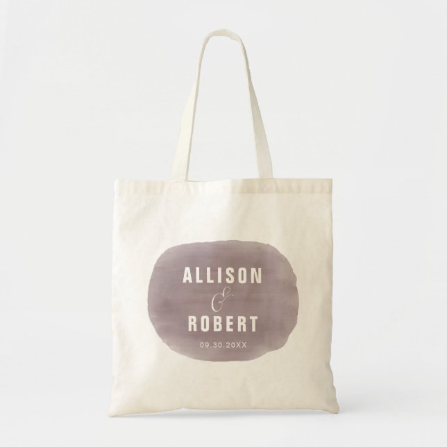 Bolsa Tote Saco de Boas-Vindas de Casamento Aquarela Roxo Uva (Frente)