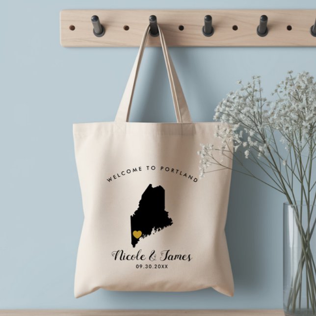 Bolsa Tote Saco de Boas-Vindas de Casamento Maine Mapa, Preto (Criador carregado)