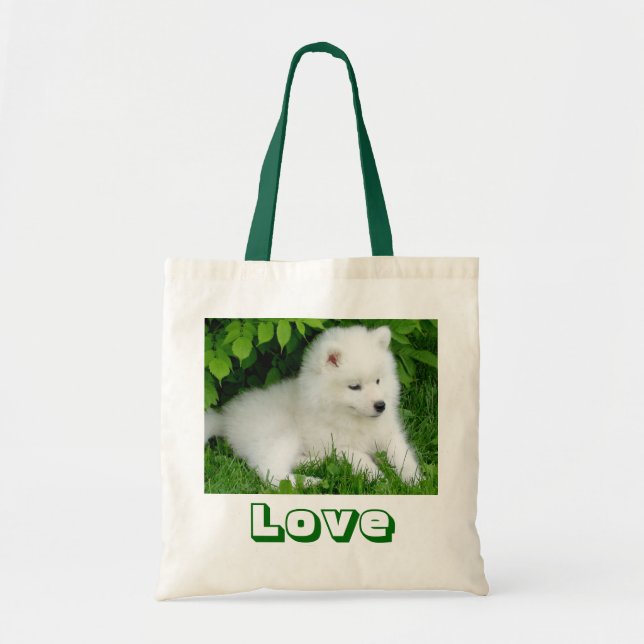 Bolsa Tote Saco de Canvas de Cachorro Branca Samoado (Frente)