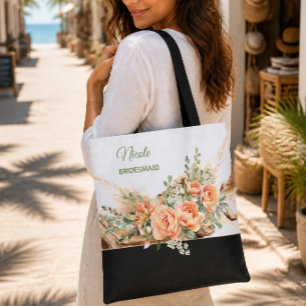 Bolsa Tote Saco de Casamento com Rosas Pêssego e Madeira Flut