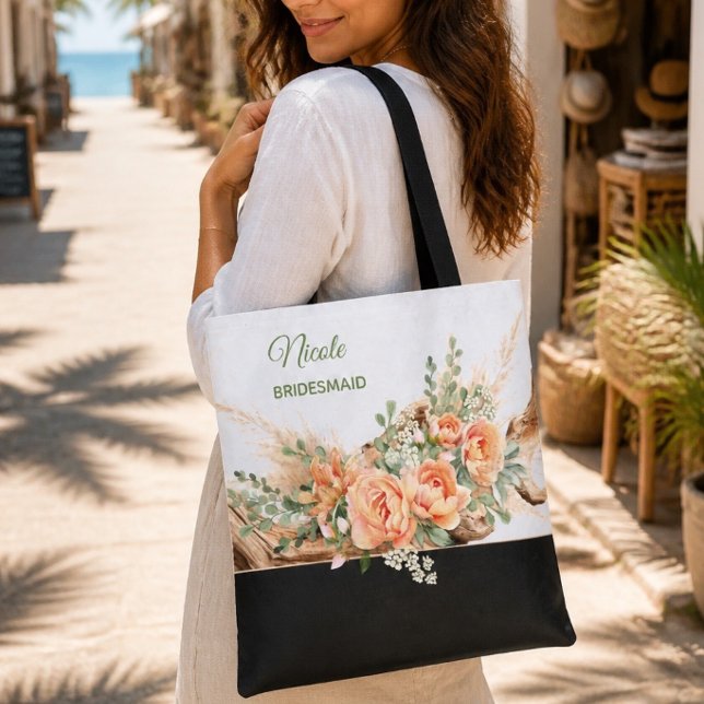 Bolsa Tote Saco de Casamento com Rosas Pêssego e Madeira Flut (Criador carregado)