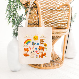 Bolsa Tote Saco de Compras Animais Amigos Arco-Íris Ensolarad