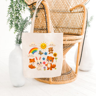 Bolsa Tote Saco de Compras Animais Amigos Arco-Íris Ensolarad