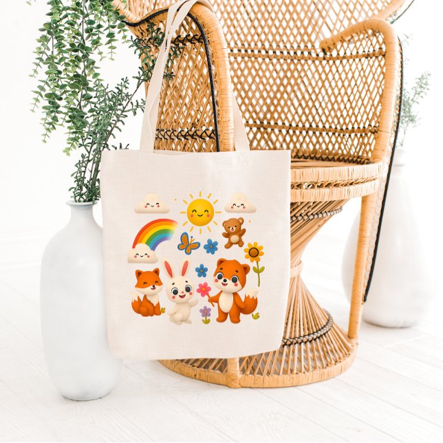 Bolsa Tote Saco de Compras Animais Amigos Arco-Íris Ensolarad (Criador carregado)