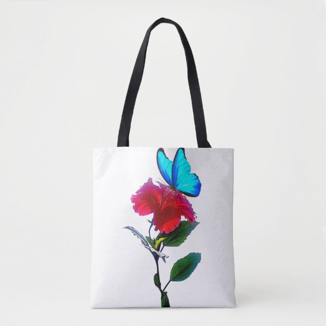 Bolsa Tote Saco de Compras com Borboleta Azul Estética em Flo (Frente)