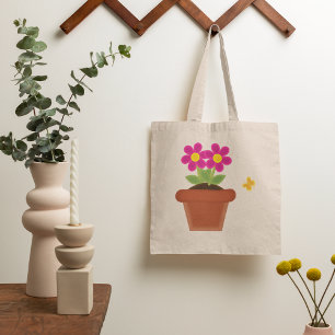 Bolsa Tote Saco de Compras com Flor em Vaso e Borboleta
