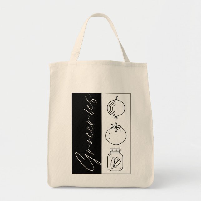 Bolsa Tote Saco de Compras com Legumes Design Preto Ousado (Frente)