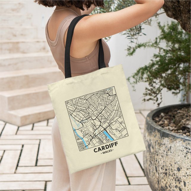 Bolsa Tote Saco de compras com mapa da cidade de Cardiff, Paí (Criador carregado)