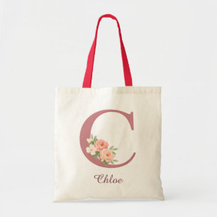 Bolsa Tote Saco de Compras com Monograma de Floral Personaliz