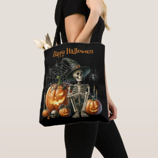 Bolsa Tote Saco de Compras de Abóbora Esqueleto de Halloween