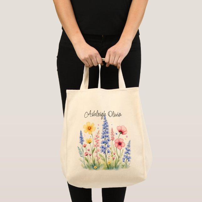 Bolsa Tote Saco de Compras de Flores Silvestres Pastel em Est (Frente (produto))