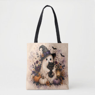 Bolsa Tote Saco de Compras de Halloween Fantasma Gato Preto