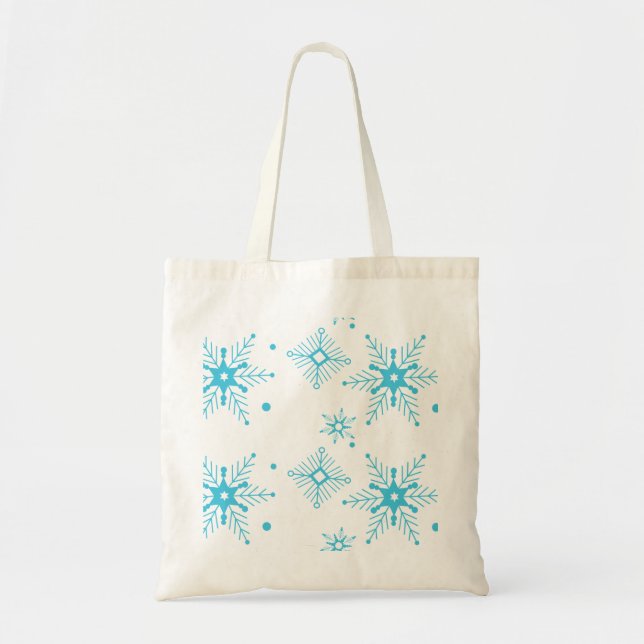 Bolsa Tote Saco de Compras de Inverno Azul com Flocos de Neve (Frente)