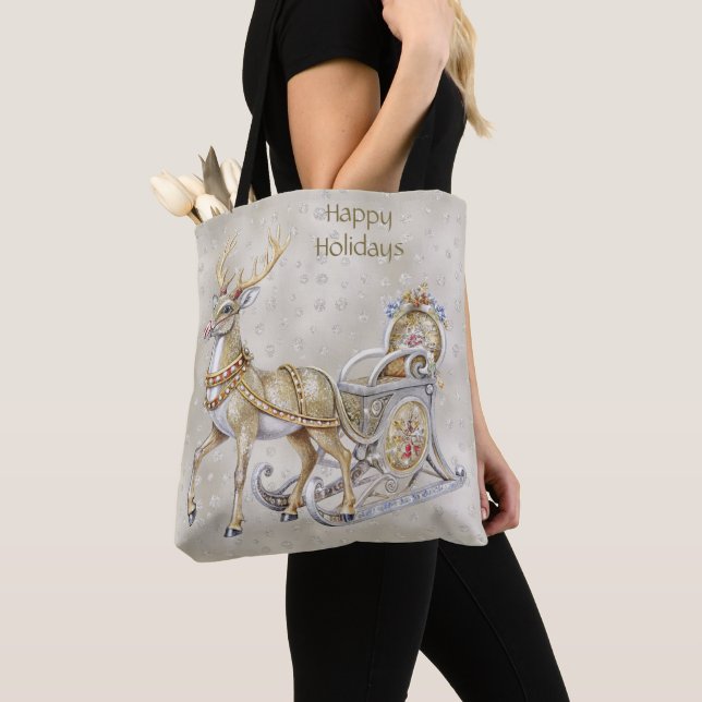 Bolsa Tote Saco de Compras de Natal com Trenó de Rena (Close Up)