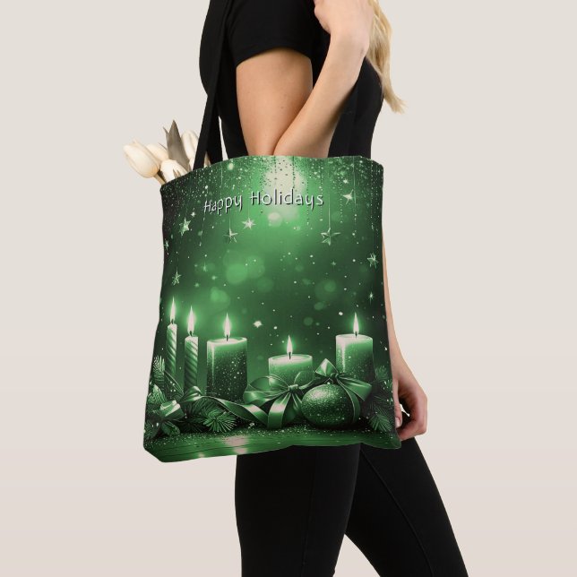 Bolsa Tote Saco de Compras de Natal com Velas Verdes (Close Up)