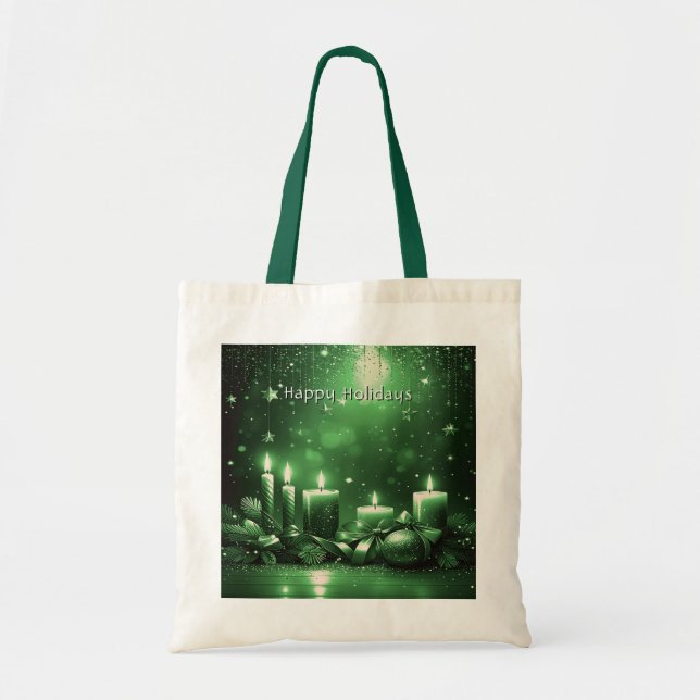 Bolsa Tote Saco de Compras de Natal com Velas Verdes (Frente)