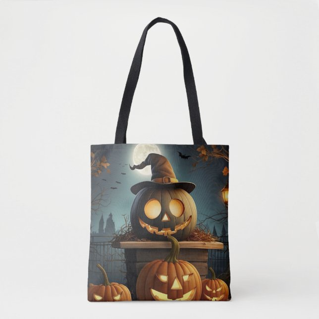 Bolsa Tote Saco de compras do Halloween. Truque ou trato. (Frente)