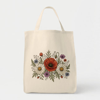 Bolsa Tote Saco de Compras em Tecido com Flor Silvestre e Pap
