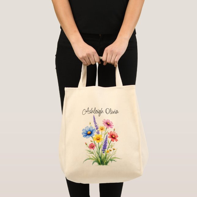 Bolsa Tote Saco de Compras Estilo Aquarela de Flor Silvestre  (Frente (produto))