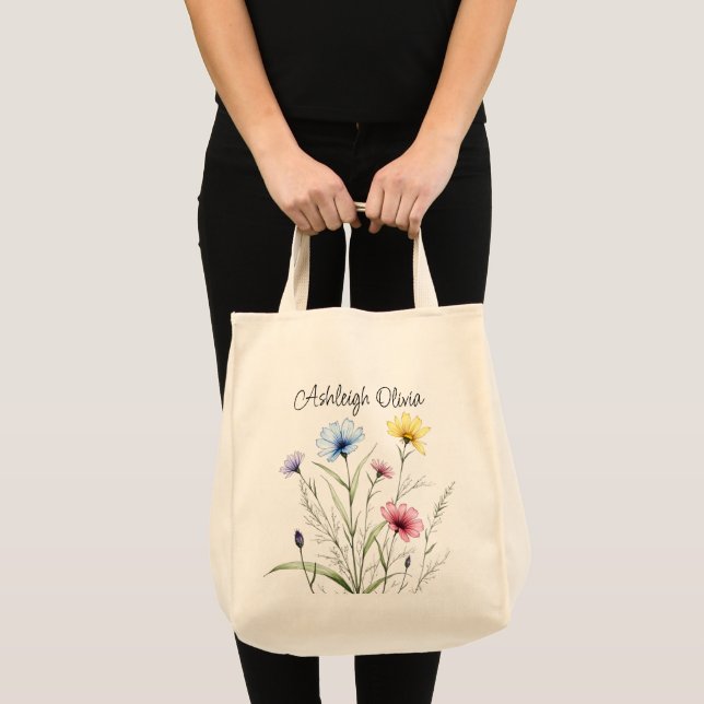 Bolsa Tote Saco de Compras Estilo Desenho a Lápis de Flor Sil (Frente (produto))