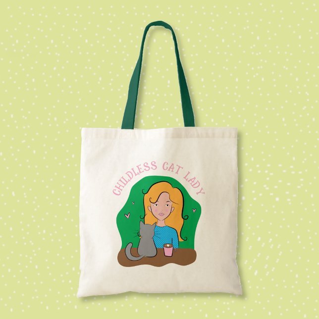 Bolsa Tote Saco de Compras Feliz Mulher Sem Filhos Gata (Funny independent woman with cat tote bag .)