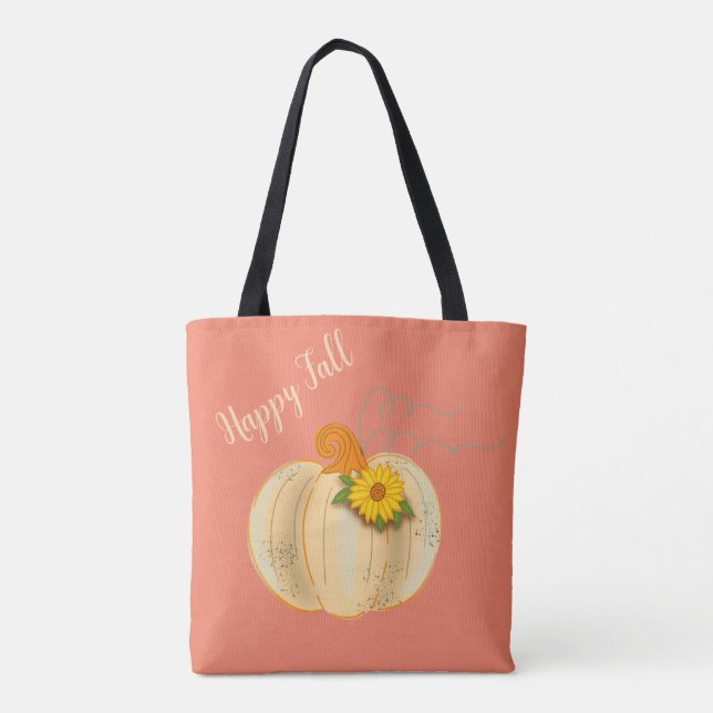 Bolsa Tote Saco de Compras Feliz Outono Abóbora Branca Saco d (Verso)