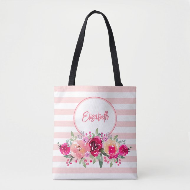 Bolsa Tote Saco de compras monograma floral em aquarela sobre (Frente)