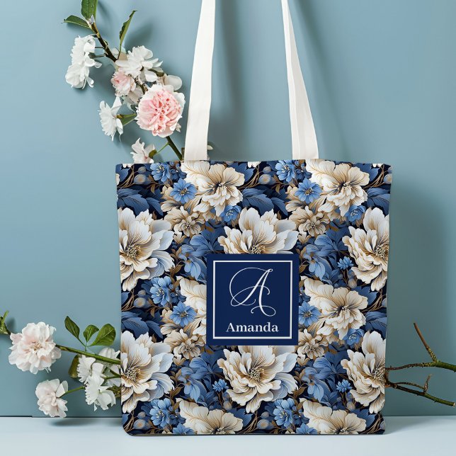 Bolsa Tote Saco de Compras Personalizado com Flores Brancas A (Classic Blue White Flowers Custom Name Tote Bag)