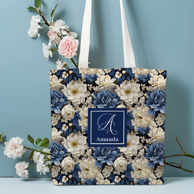 Bolsa Tote Saco de Compras Personalizado com Nome Flores Bran (Premium Blue White Flowers Custom Name Tote Bag)