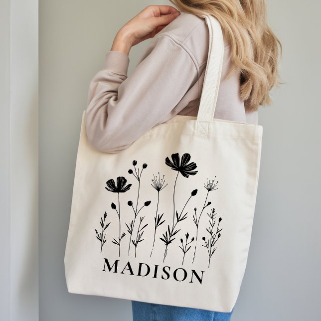 Bolsa Tote Saco de Compras Personalizado de Flores Silvestres (Wildflowers Tote Bag Bridal Shower Gift for Her, Custom Floral Tote Bag Bridesmaid Proposal Gift)