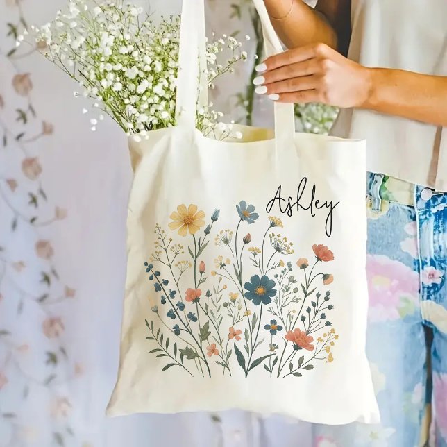 Bolsa Tote Saco de compras personalizado de flores silvestres (wildflowers tote bag, personalized tote bag, floral tote bag, bridesmaid proposal gift, teacher gift)
