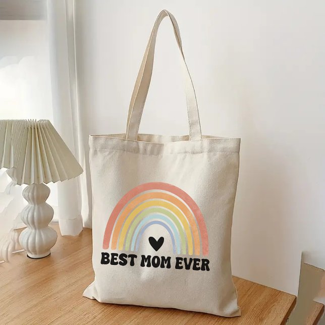 Bolsa Tote Saco de Compras Retro Arco-Íris Melhor Mãe do Mund (best mom ever tote, rainbow tote bag, retro tote bag, mothers day gift, birthday gift for mom)
